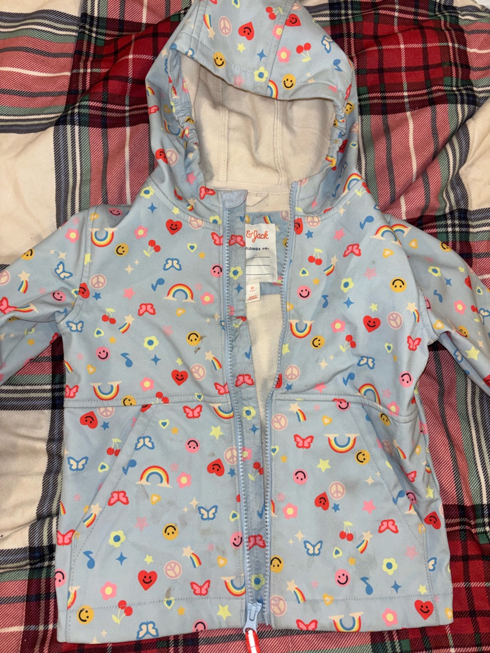Light Blue Hooded Kids Jacket with Rainbow & Emoji Print